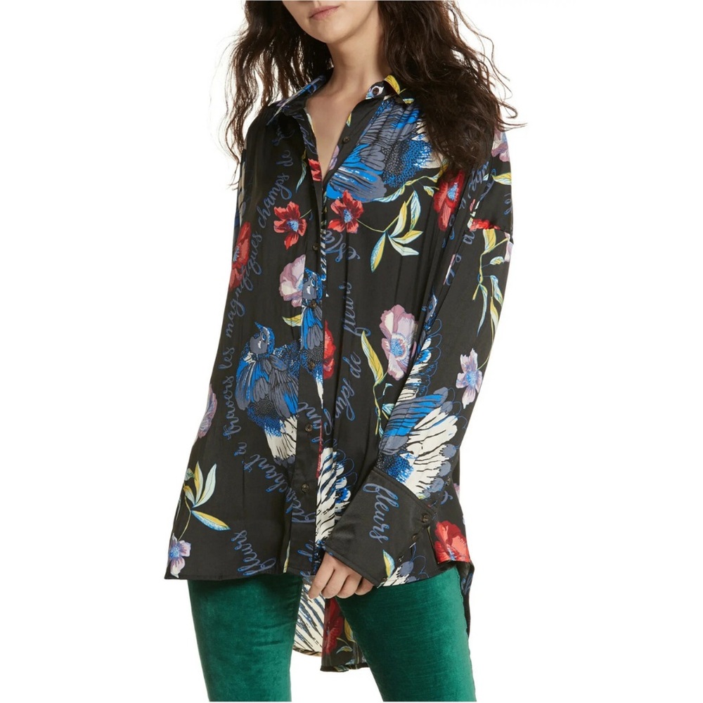 Free People Silky Nights Floral birds whimsical Black M oversized hi lo blouse